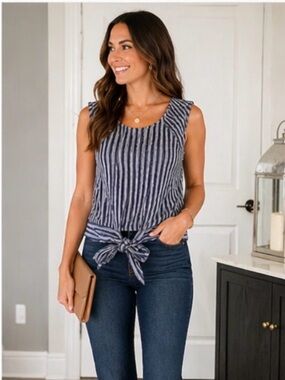 New York & Company Striped Sleeveless Top XS Navy White Zip Back Tie Front Top